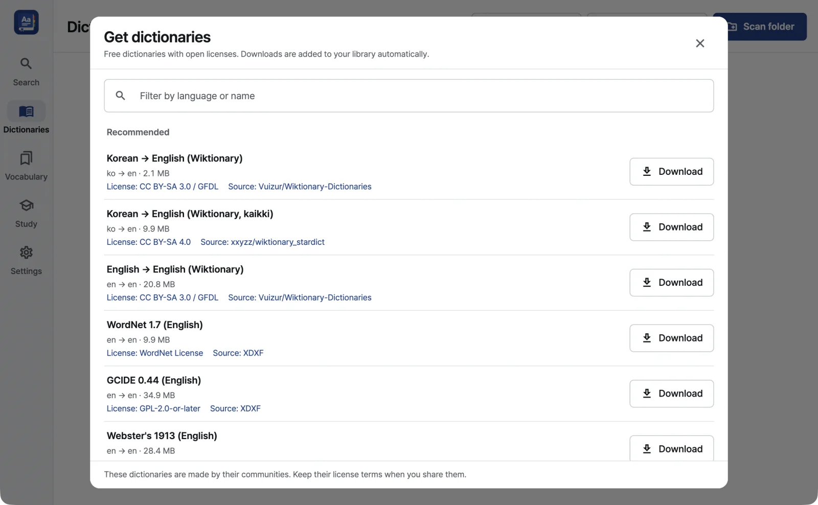 The Get dictionaries window in RealDict, listing each dictionary with its languages, size, license and source